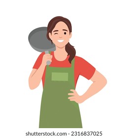 Young woman in chef hat with apron holding frying pan. Flat vector illustration isolated on white background