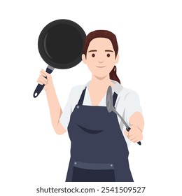 Young woman in chef hat with apron holding frying pan and spatula. Flat vector illustration isolated on white background