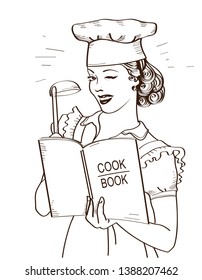 Young woman chef holding cook book in her hands on kitchen room.Reto style illustration isolated on white