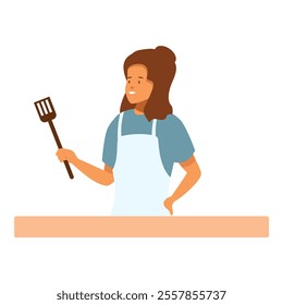 Young woman chef is holding a spatula and smiling while standing in the kitchen