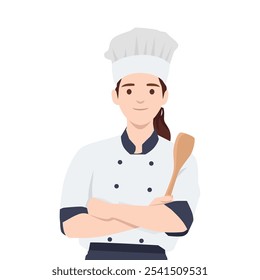 Jovem chef mulher com utensílios de cozinha, pronto para cozinhar e servir. Ilustração de vetor plano isolada no plano de fundo branco