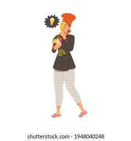 Young Woman as Chef Master Carrying Vegetables Thinking What to Prepare Vector Illustration