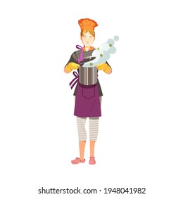 Young Woman as Chef Master Holding Steaming Cooker Engaged in Food Preparation Vector Illustration