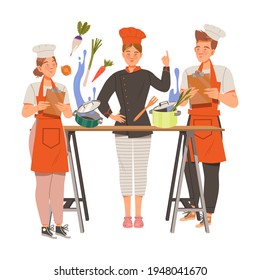 Young Woman as Chef Master Training Newcomer Preparing Food at Restaurant Kitchen Vector Illustration