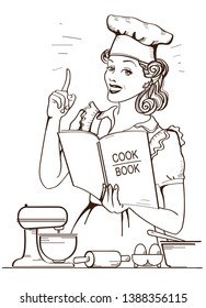 Young woman chef in retro style cooking and holding cook book in her hand in the kitchen room on white background