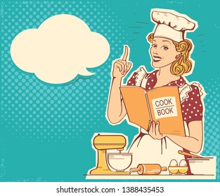 Young woman chef in retro style clothes cooking and holding cook book in her hand in the kitchen room. Vector vintage background for text