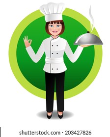 Young woman chef with steaming cuisine. This is a vector file with NO transparencies. The layers are easily editable and neatly named. Similar occupation vectors in my portfolio.