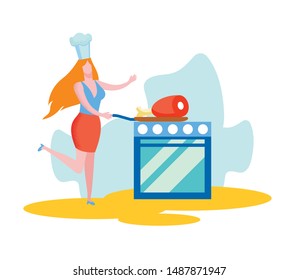 Young Woman in Chef Toque Put Pan with Huge Piece of Meat on Oven Isolated on White Background, Housewife Cooking, Healthy Nutrition, Animal Protein, Food Blog Record Cartoon Flat Vector Illustration