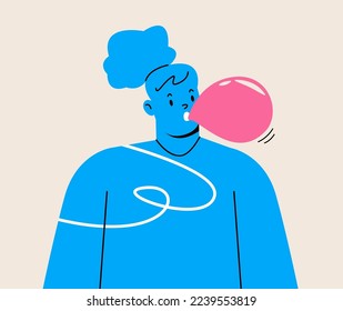 Young woman chewing bubble gum and blowing  bubble gum in his mouth. Colorful vector illustration
