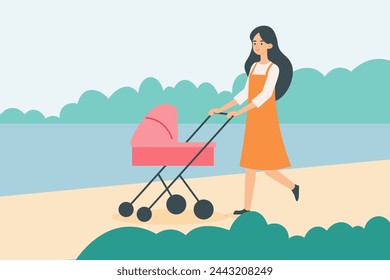 Young Woman with Child Carriage in City Park. Maternity, Love, Family Cartoon Flat Vector Illustration. mother's day