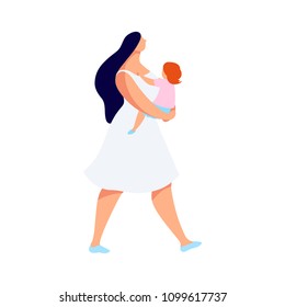 Young woman with child in a flat style. Mother holds daughter on hands. A child of preschool age and a young mom. A modern parent in casual clothes. Vector illustration.