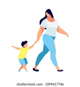 Young woman with child in a flat style. Mother leads the son by the hand. Son and mom. Modern parent in casual clothes. Vector illustration.