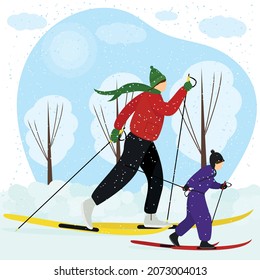 young woman with a child skiing in winter, it's snowing. Cute vector illustration in a flat style. Active holidays with family