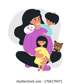 Young woman with children on a white background. Greeting card for Mother's Day. The concept of staying in quarantine at home. Vector illustration flat style