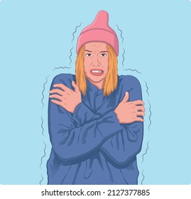 Young woman with chills and cold shivering vector illustration