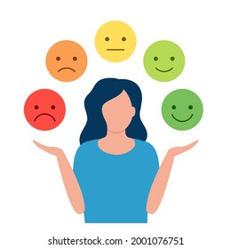 Young Woman Choice Different Emotions. Girl Play Role, Change Emotion, Control Reaction. Vector Illustration