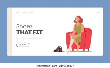 Young Woman Choose Footwear At Shop Landing Page Template. Female Character Dressing Stockings And Shoes Sitting On Armchair. Girl Getting Dressed At Morning. Cartoon People Vector Illustration