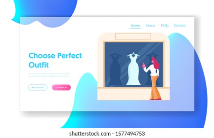 Young Woman Choose Outfit for Event Website Landing Page. Girl Stand at Apparel Store Showcase with Beautiful Dress on Mannequin Dreaming to Buy it Web Page Banner. Cartoon Flat Vector Illustration