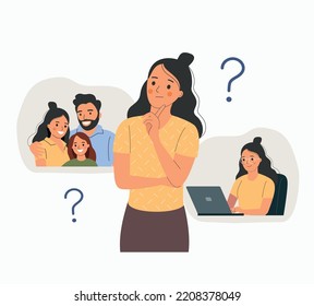 Young woman chooses between career and family. Question mark in think bubble. Flat style cartoon vector illustration. 