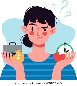 Young Woman Chooses Between Leisure Time And Work. The Issue Of Female Priorities Between Wellness, Health And Career, Money. Life Choice, Life Dilemma, Balance, Decision Making. Vector Illustration