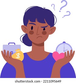 Young Woman Chooses Between Leisure Time And Work. The Issue Of Female Priorities Between Wellness, Health And Career, Money. Life Choice, Life Dilemma, Balance, Decision Making. Vector Illustration