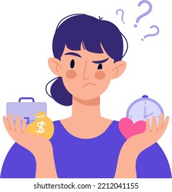 Young Woman Chooses Between Leisure Time And Work. The Issue Of Female Priorities Between Wellness, Health And Career, Money. Life Choice, Life Dilemma, Balance, Decision Making. Vector Illustration