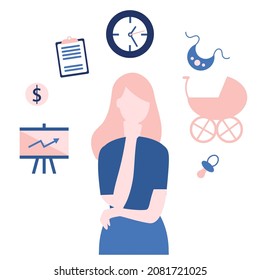 A young woman chooses between work and maternity leave. Career or child is a difficult choice.problem solving concept, woman thinking, Hand drawn style vector design illustrations