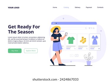 A young woman chooses new clothes online. Easy and fast buying things in an online store. Vector flat illustration for web banner, and landing page.