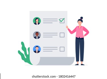 A young woman chooses a political candidate. Voting and election concept. Vector flat illustration for the landing page, banner, ad. 
