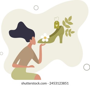 young woman chooses shoes in a second-hand store. responsible shopping concept.flat vector illustration.