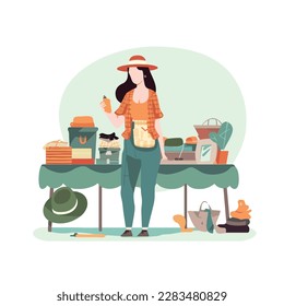 Young woman chooses things at a flea market or garage sale. Reusable clothes and sustainable living concept. Flat vector illustration