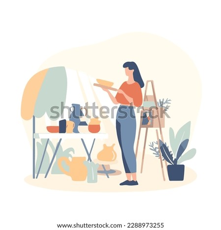 Young woman chooses things at a flea market or garage sale. Reusable clothes and sustainable living concept. Flat vector illustration