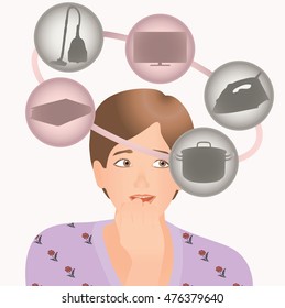 The young woman chooses as what housework to her to be engaged. Vector illustration