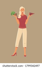 Young woman choosing between broccoli, tomato, and pizza cartoon vector illustration. Fresh vegetables vs fast food. Smiling girl comparing diet and healthy eating or junk fast food flat concept