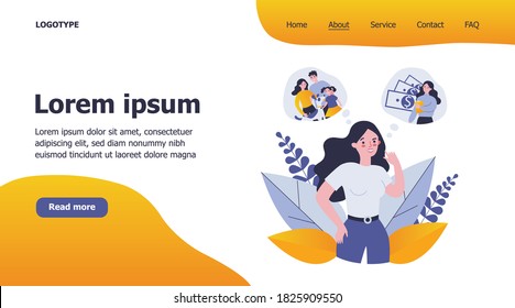 Young woman choosing between career and family. Speech bubble, money, children flat vector illustration. Choice, solution, comparison concept for banner, website design or landing web page