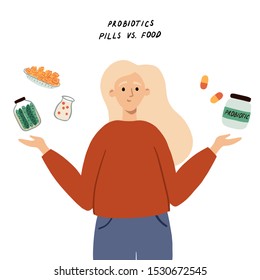 Young Woman Choosing Between Different Sources Of Probiotics. Concept With Choice Between Fermented Foods And Probiotic Supplements, Peels. Hand Drawn Vector Illustration For Article, Banner, Web