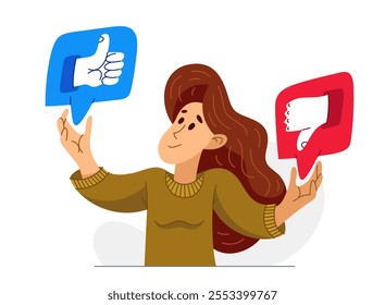 Young woman is choosing between different reactions in social media, vector illustration of a person in doubt between different responses when communicating online.