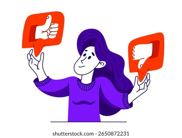 A jovem está escolhendo entre diferentes reações nas mídias sociais, ilustração vetorial de uma pessoa em dúvida entre diferentes respostas ao se comunicar online.
