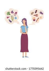 Young woman choosing between healthy fresh food and unhealthy fast food flat cartoon vector illustration. Fish, fruits, vegetables or fries, donut, pizza, burger, hotdog.  Junk food vs balanced meal