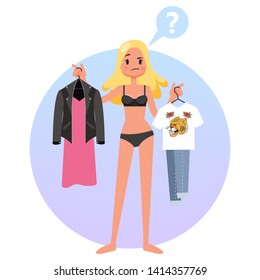Young woman choosing between two clothes. Girl in doubt thinking what to wear today. Isolated flat vector illustration