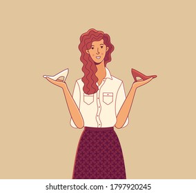 Young woman choosing between two shoes vector cartoon illustration. Smiling girl comparing high heels. Fashion flat concept color background.