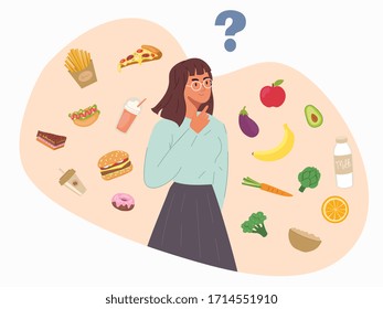 Young woman choosing between unhealthy fast food takeaways or fresh healthy food surrounded by food icons and question mark, colored vector illustration