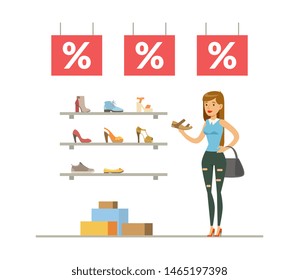 Young Woman Choosing and Buying Shoes, Girl Shopping in Mall, Shoes Store Interior Vector Illustration