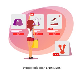 Young Woman Choosing Clothes In An Online Store. Clothing Store, Online Shopping, Home Delivery Concept. Vector Illustration For Poster, Banner, Advertising, Commercial.