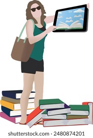 Young woman choosing e-book over paper books