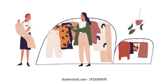 Young Woman Choosing Fashion Apparel With Help Of Shop Assistant In Clothing Store. Seller And Buyer In Showroom. Colored Flat Vector Illustration Of Saleswoman And Customer Isolated On White