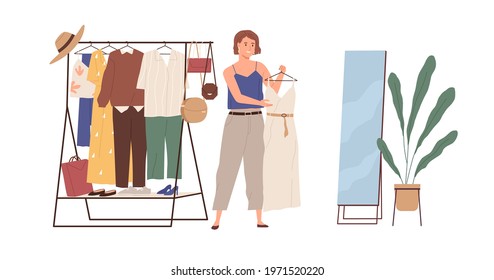Young woman choosing fashion outfit from her wardrobe. Female character, mirror and hanger with modern clothes. Colored flat vector illustration of person and apparel isolated on white background