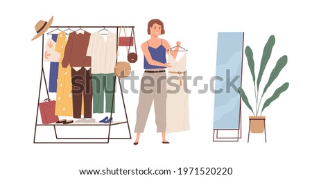 Young woman choosing fashion outfit from her wardrobe. Female character, mirror and hanger with modern clothes. Colored flat vector illustration of person and apparel isolated on white background