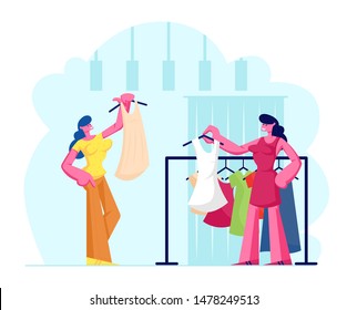 Young Woman Choosing Fashioned Dress in Store, Sales Woman Assistant Offer Garment of New Collection Standing near Hanger. Female Character Shopping Spare Time Hobby. Cartoon Flat Vector Illustration