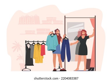 Young Woman Choosing Fashioned Dress in Store, Sales Woman Assistant Offer Garment of New Collection Standing near Hanger. Female Character Shopping Spare Time Hobby. Cartoon Vector Illustration